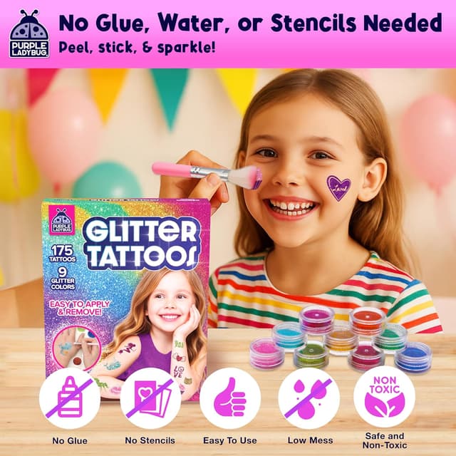 Detalle de Purple Ladybug 175-Piece Temporary Glitter Tattoos Kit for Kids (Ages 6–12)