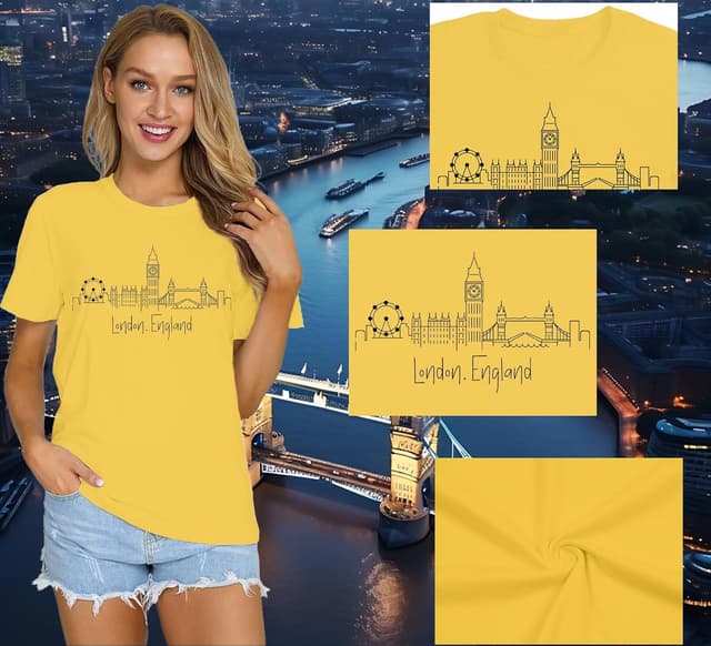 Detalle 2 de Qskall Women’s London England T‑Shirt with London Skyline Print (Crew Neck)