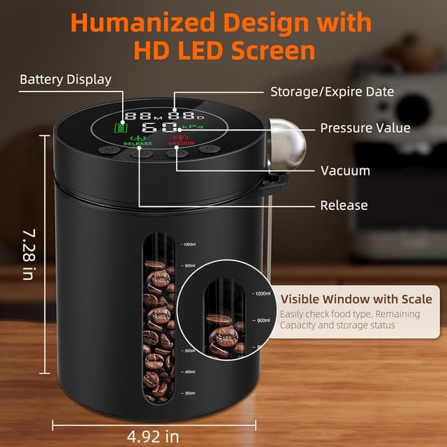 Thumbnail 6 de Automatic Vacuum Coffee Canister (1.3L) with Smart Pressure Sensor, LED Window & Rechargeable Battery