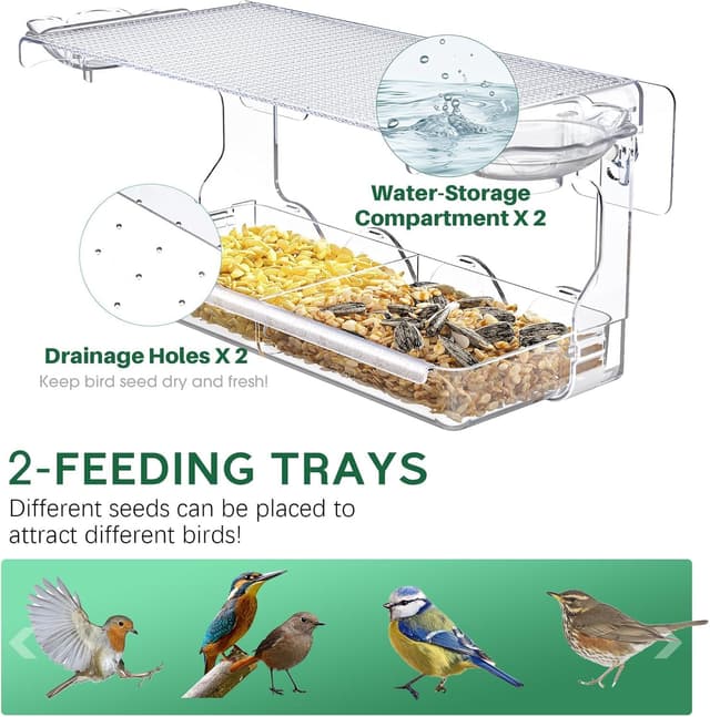 Detalle de WELDUN Window Bird Feeder with clear plastic viewing, 2 water bowls and removable trays