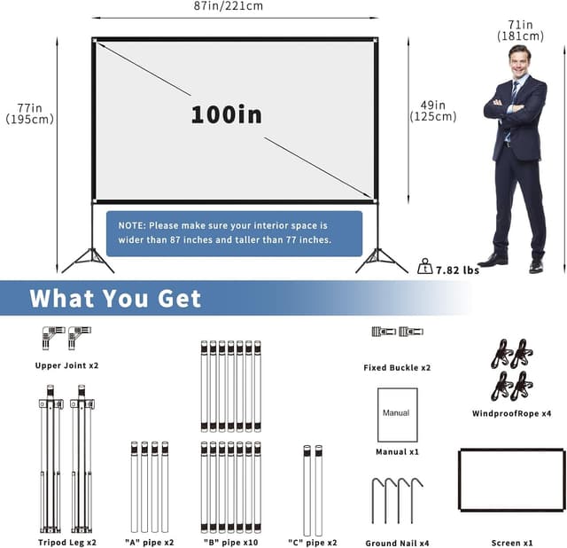 Detalle de VISULAPEX 100-Inch Projector Screen with Stand (16:9, 4K HD) — Portable Foldable Movie Screen for Indoor/Outdoor