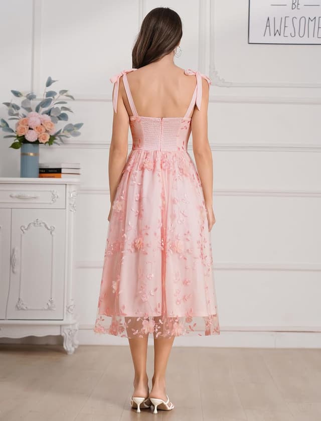 Detalle 2 de OMEWEE Corset Midi Dress with Floral Bustier Detail – Spaghetti Strap Floral Wedding Guest Dress