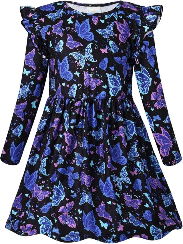 Detalle de VASCHY robe de fille en coton imprimé licorne à manches longues courtes (3 à 10 ans)