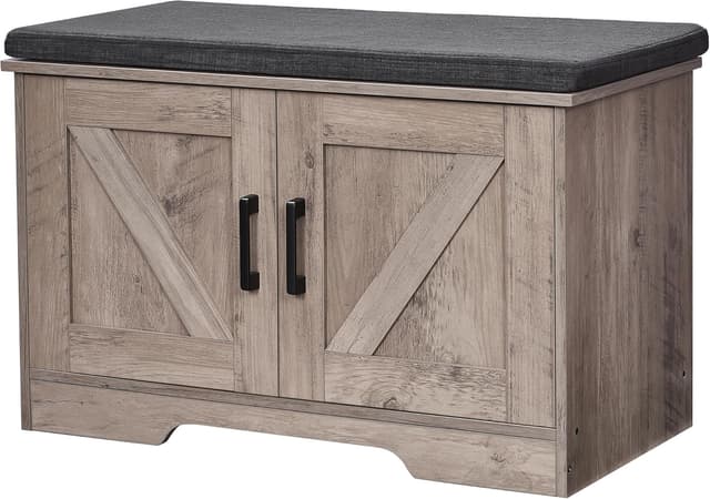Detalle de HOMSHO 2-Tier Storage Bench (27.6" Wide) with Padded Seat Cushion, Barn Doors & Adjustable Shelf, Greige
