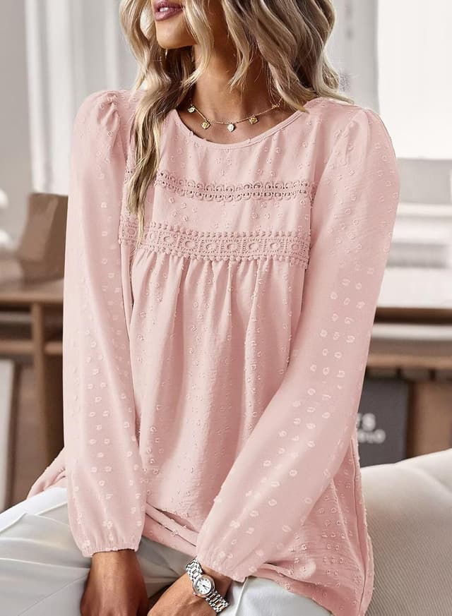 Detalle 2 de TUUHAW Women’s Boho Crochet Lace Round Neck Long Sleeve Top