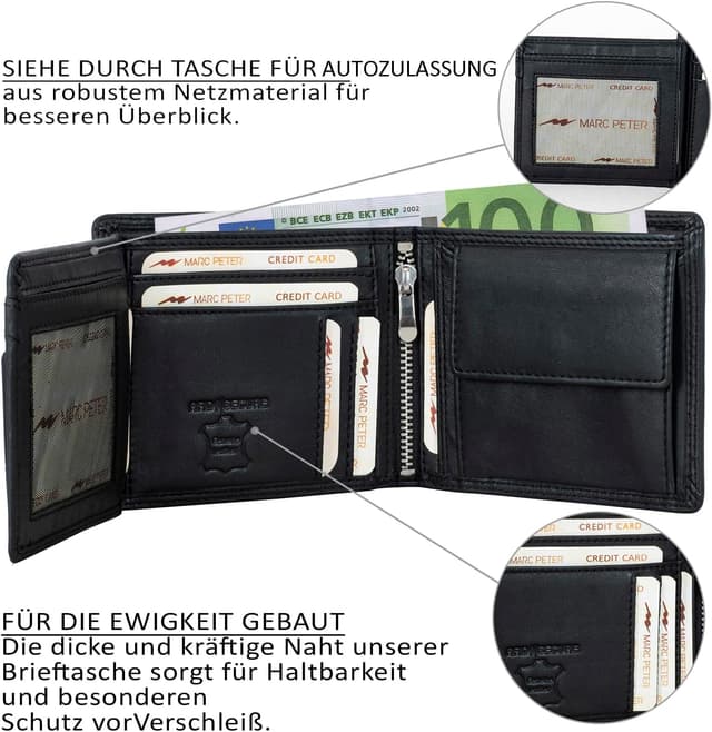 Detalle 2 de Marc Peter® Hanover Herren-Geldbörse aus echtem Leder mit RFID-Schutz, Schwarz (Nappa) – 12 x 9,5 x 2 cm