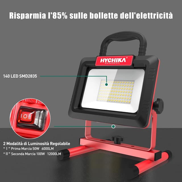 Detalle 2 de HYCHIKA Faretto LED da cantiere 100W: faro portatile 12.000 lm 6500K con rotazione 360° e cavo 2 m, IP65