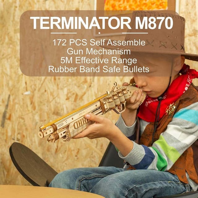 Detalle 2 de ROBOTIME Robotime Toys TERMINATOR M870 – kit puzzle 3D in legno con 172 pezzi e pistola a meccanismo