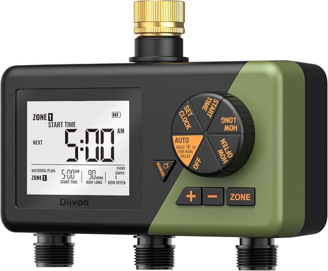 Detalle de Diivoo Bewässerungscomputer mit 3 Ausgängen, Messinganschlüssen und großem LCD-Display