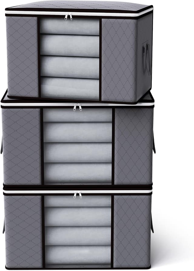Detalle de 90L Storage Bags with Lid and Zips (3 Pack) – Foldable Fabric Organisers with Clear Window, Grey