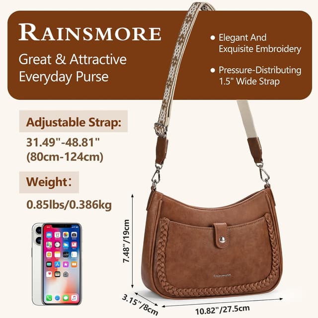 Detalle de RAINSMORE sac bandoulière femme en cuir PU, bandoulière large réglable et amovible, multiples poches (brun)