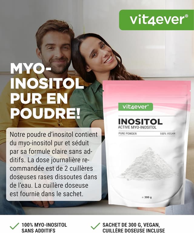 Detalle 2 de Inositol Pure 300 g (myo-inositol) en poudre — 4000 mg par dose journalière, goût neutre, cuillère doseuse