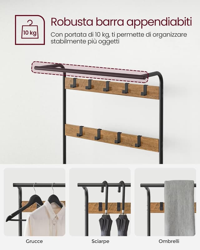 Detalle 2 de VASAGLE Appendiabiti con scarpiera e panca HSR040B41, 4 in 1 per ingresso con 9 ganci rimovibili