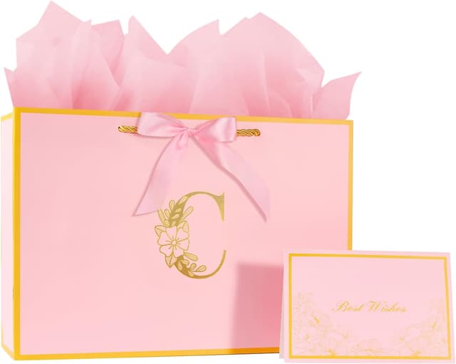 Detalle de 12.6-inch large pink letter gift bag set (with gift card & tissue paper) for birthdays and Valentine’s Day