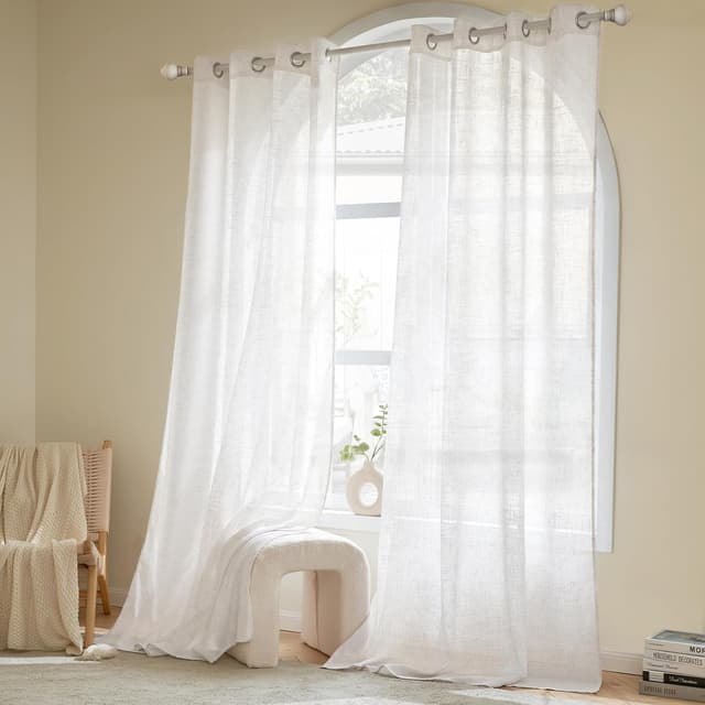 Detalle de Woaboy Leinen-Gardinen Set (2 Stück) halbtransparent mit Ösen, reinweiß – 140 x 280 cm