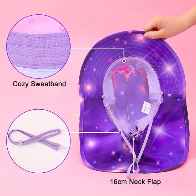 Detalle de MHJY Kids Girls Sun Hat with UV Protection, Adjustable Fit & Wide Brim Neck Flap (2–9 years)