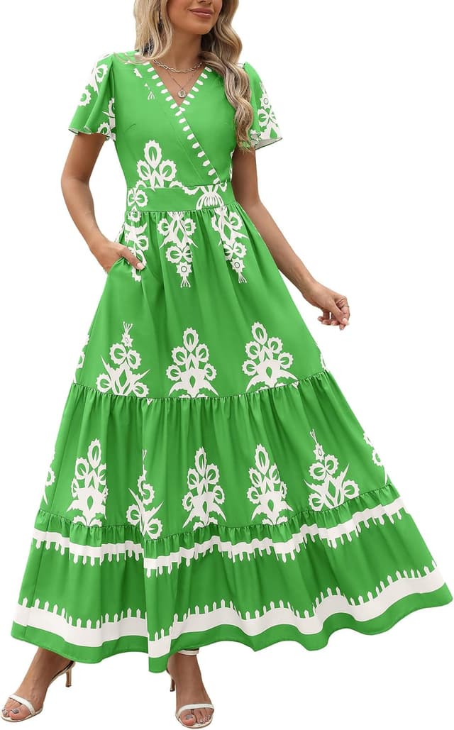 Detalle de PRETTYGARDEN Womens 2026 Summer Boho V-Neck Maxi Dress with Pockets, Tiered Floral A-Line Bell Sleeves