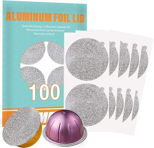 Detalle de CAPMESSO 64mm Aluminum Foil Lids for Reusing Vertuoline Capsules (100-Pack) for Nespresso VertuoLine