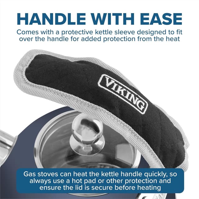 Detalle de Viking 3-Ply Stainless Steel Tea Kettle (2.6 Quart) with Tempered Glass Lid, Induction Ready — Slate and Blue