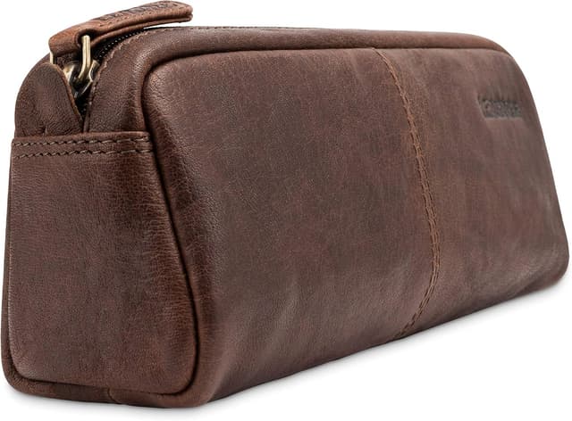 Detalle de LEABAGS Leder-Federmäppchen (Großes Echtleder) Umber – Stiftetui & Stiftmappe für Schule, Beruf und Uni