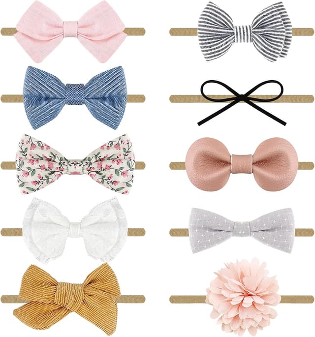 Detalle de DRESHOW Baby Girl Headbands and Hair Bows – 10-pack nylon headbands with assorted bow styles
