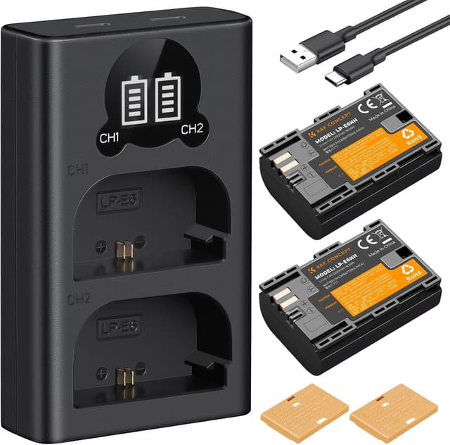 Detalle de K&F CONCEPT LP‑E6NH Kameraakkus (2250 mAh) + USB‑Doppelladegerät Set, 2er Pack für Canon EOS