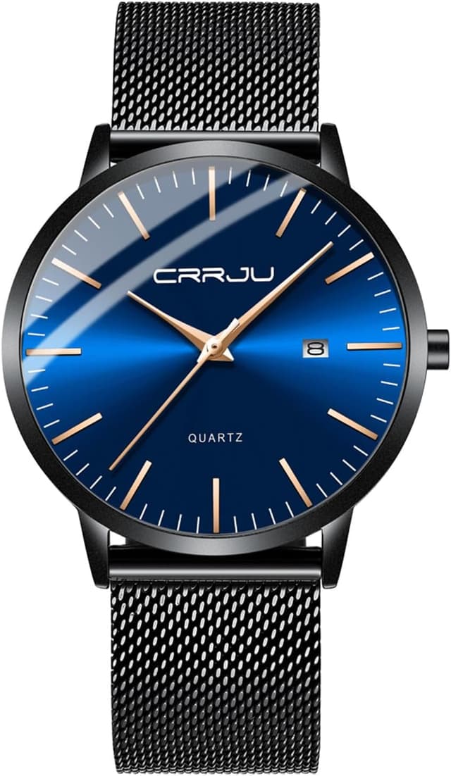 Detalle de CRRJU Herren-Uhr ultra dünn (schwarz) – wasserdichtes Mesh-Armband mit Quarzwerk