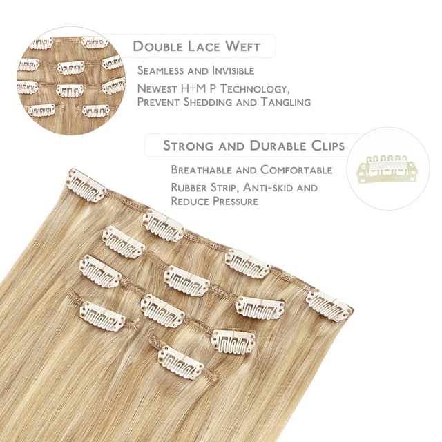 Detalle de WENNALIFE Clip-in Echthaar Extensions 75 g (5 Stück) in Hellblond Highlights/Goldblond