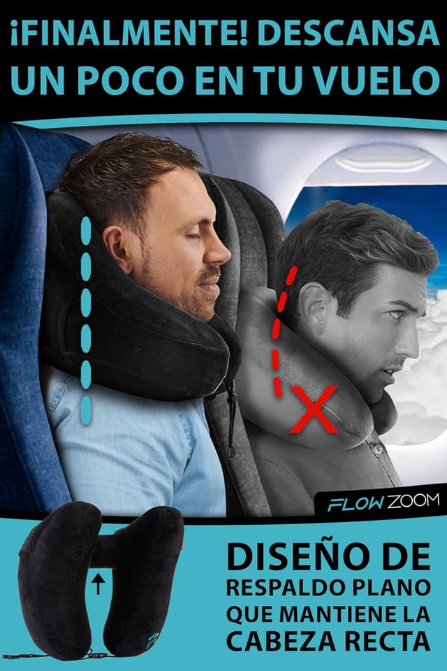 Detalle 2 de FLOWZOOM Almohada de Viaje Hinchable 💤 Talla L con Capucha Negra