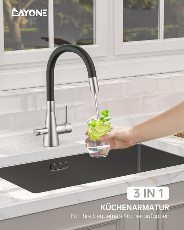 Detalle 2 de DAYONE 3‑Wege Wasserhahn Schwarz 360° drehbar 🚰