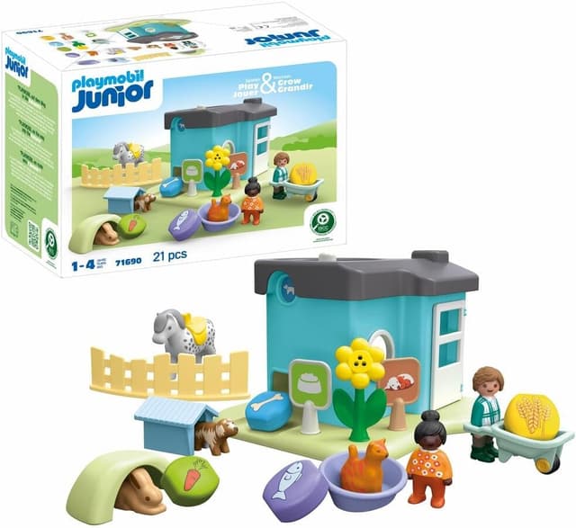 Detalle de PLAYMOBIL JUNIOR Tierpension mit Futterspender 71690 – Tierpflege zum Spielen ab 1 Jahr