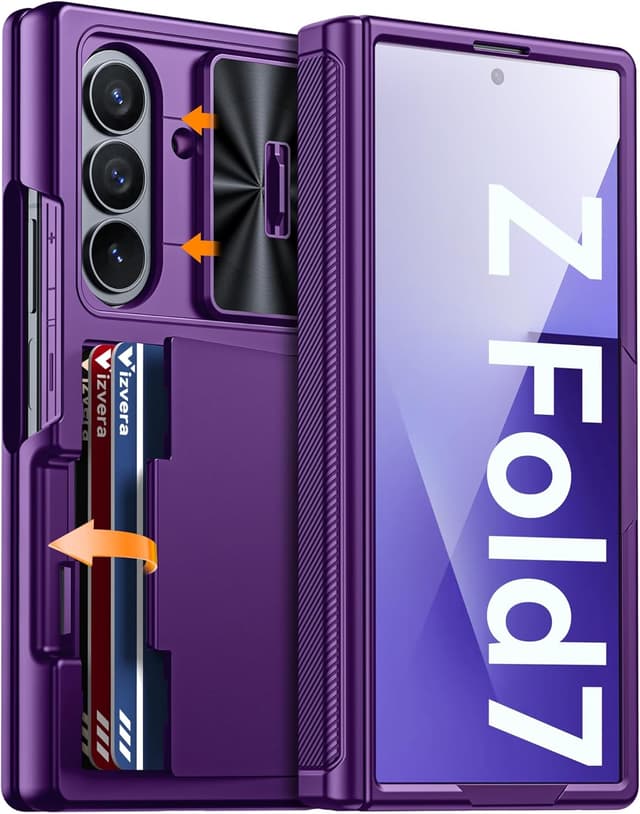 Detalle de Vizvera Case for Samsung Galaxy Z Fold 7 (Purple) with RFID wallet card holder, HD tempered glass and sliding camera cover