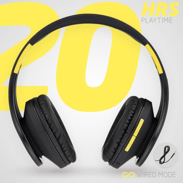 Detalle de PowerLocus Bluetooth Over-Ear Headphones (Black/Yellow) with Mic, Foldable Design, Micro SD/TF and Wired Mode