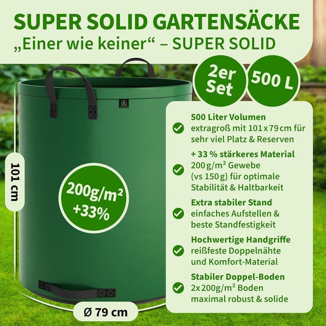 Detalle 2 de TTL Garden SUPER SOLID 2er Set Gartensack 2x 500 L (doppelter Boden, 4 Griffe) grün