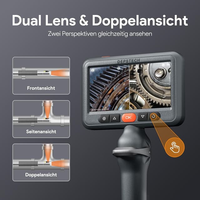 Detalle de DEPSTECH DS660 Dual-Linsen Endoskopkamera mit Licht, 1080P und drehbarem Kopf – 5 Zoll IPS Bildschirm