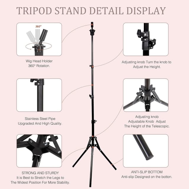 Detalle 2 de Demides 22'' Canvas Wig Head with 61'' Adjustable Tripod Stand – Mannequin Head Set for Styling, Display, and Practice