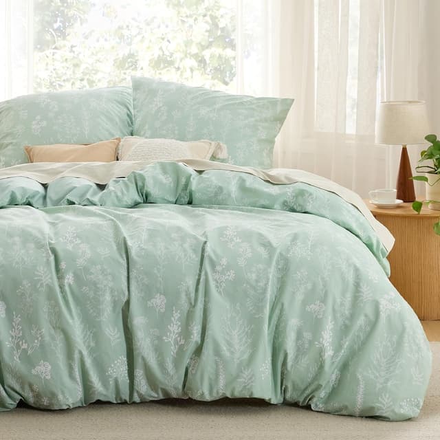 Detalle de BEDSURE Wendebettwäsche 200x200 aus Baumwolle grün (3-teilig) mit Reißverschluss