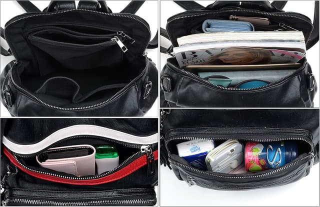 Detalle 2 de UTO Damen Rucksack aus PU Washed Leder – modischer Multifunktionsrucksack mit Doppelreißverschluss und Quastendesign