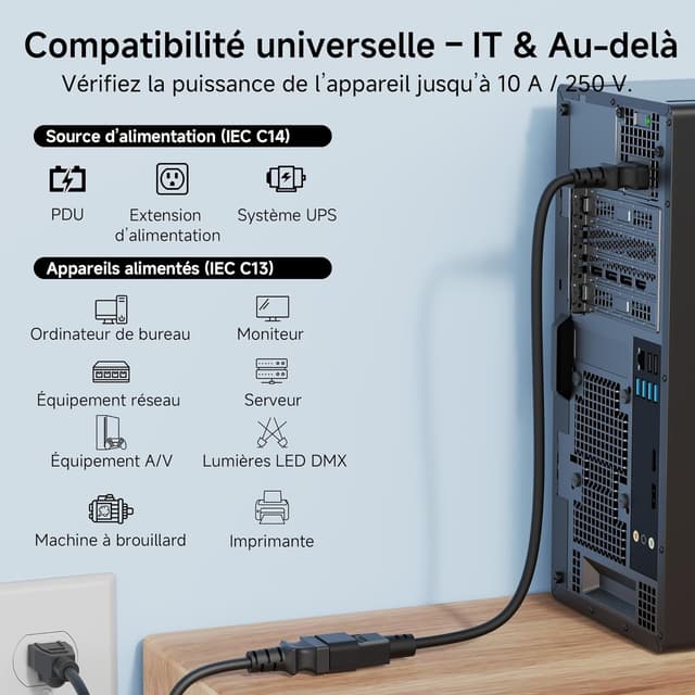 Detalle de Cable Matters lot de 2 câbles de rallonge électrique PDU IEC C13 vers C14 – 2 m