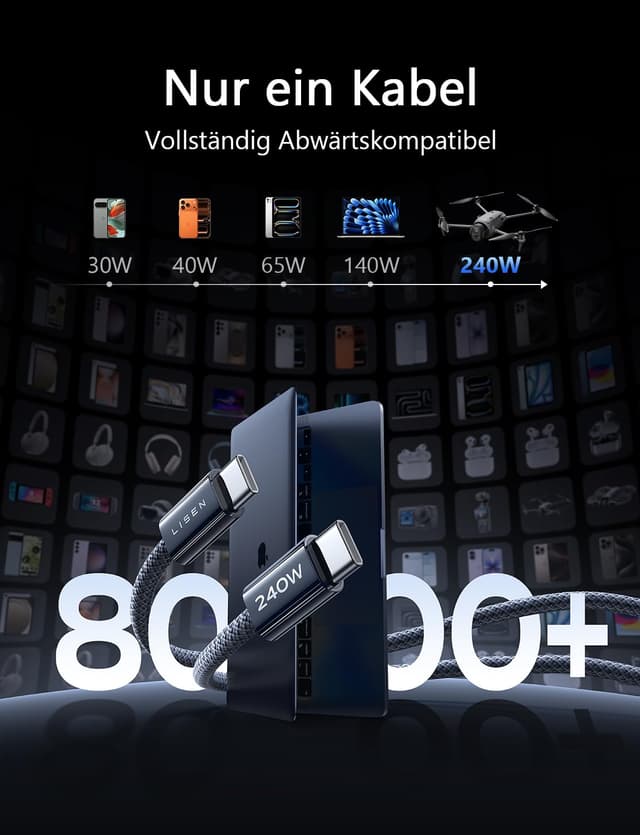 Detalle 2 de LISEN 240W USB-C Kabel 2M+2M Schnellladekabel