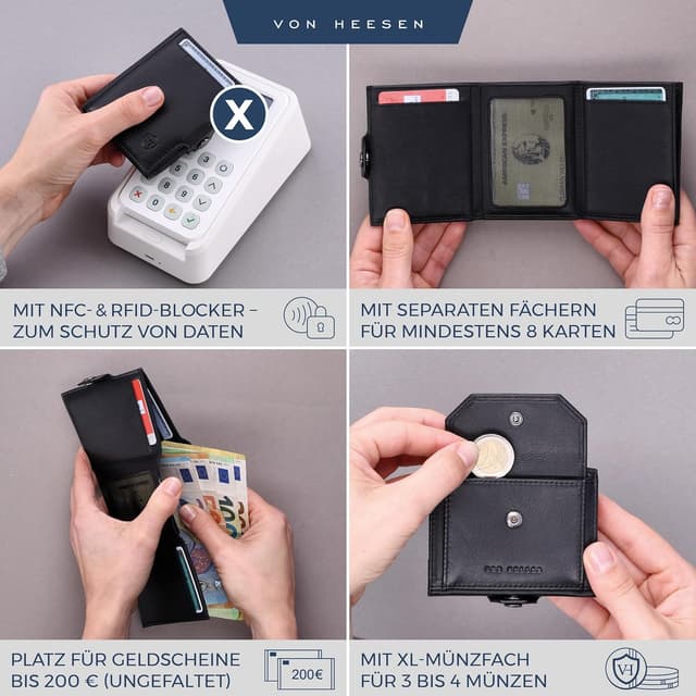 Detalle de VON HEESEN Slim Wallet mit XL Münzfach & RFID-Schutz – kleine Leder-Geldbörse für Karten & Bargeld (Schwarz, glatt)