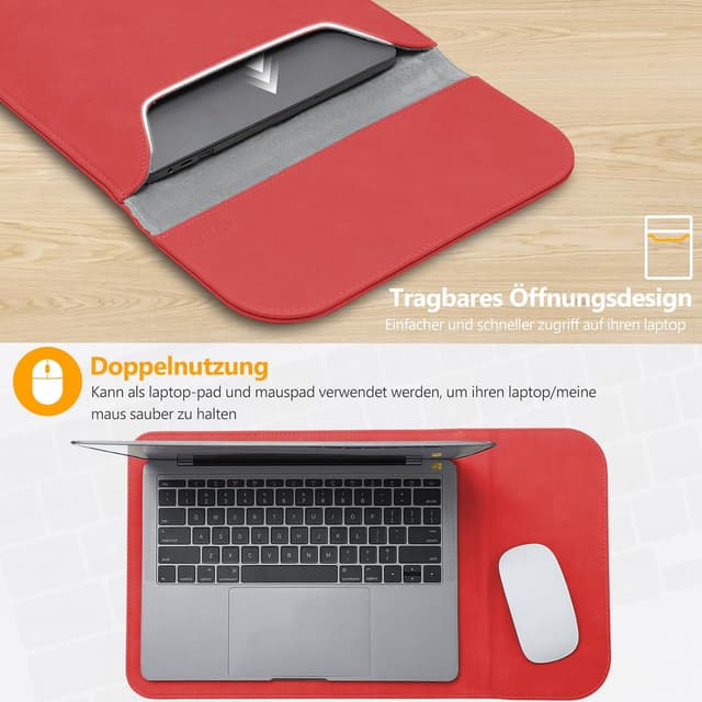 Detalle de HYZUO 13 Zoll Laptop-Hülle aus Kunst-Suede, kompatibel mit ausgewählten MacBook Air/Pro, Dell XPS 13 und Surface Pro – Rot