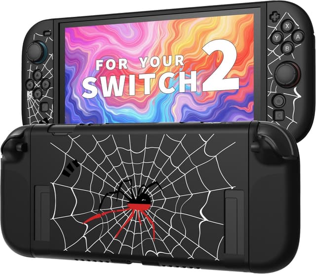 Detalle de JINGDU Textured Grip Protective Case for Nintendo Switch 2 (2025) – Black Spider Web Design