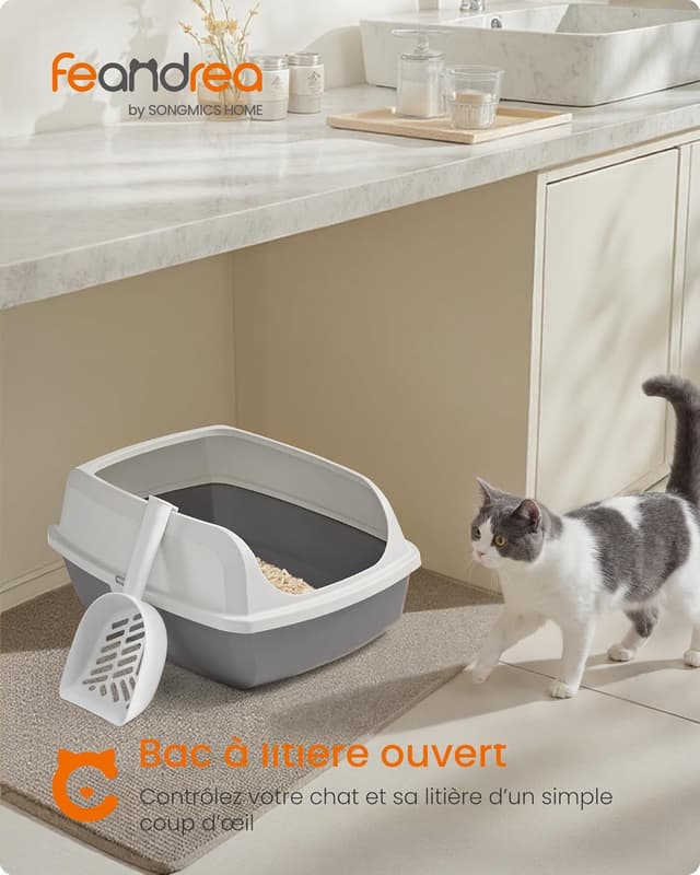 Detalle de Feandrea bac à litière pour chat XL à parois hautes, ouvert sur le dessus, avec pelle (PPT009W101)