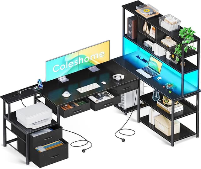 Detalle de Coleshome Eckschreibtisch mit 5 Schubladen, 4 Regalen, LED & Steckdosen/USB (L-Form, 200×110 cm) – Schwarz