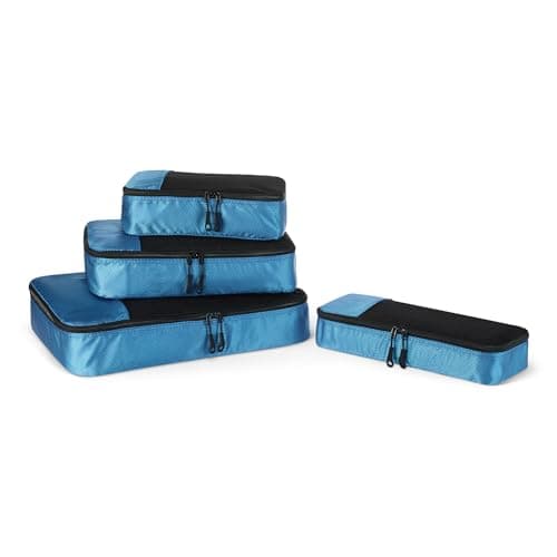 Detalle de Amazon Essentials Juego de 4 cubos para viaje con doble cremallera y parte superior de malla (celeste)