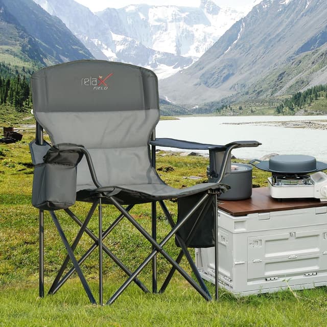 Thumbnail 1 de RELAX FIELD faltbarer Campingstuhl mit hoher Rückenlehne, bis 200 kg, Getränkehalter und Kühltasche (Grau)