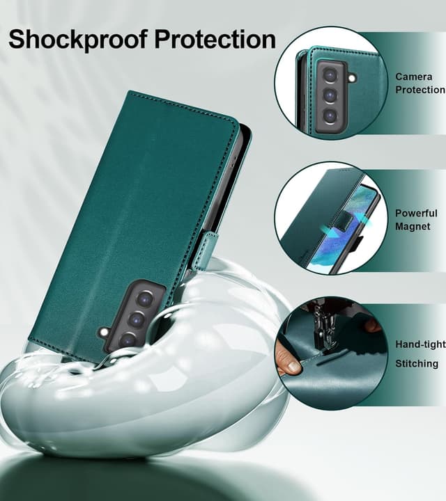 Detalle de Yunubeyii Handyhülle für Samsung Galaxy S21 FE mit RFID-Blocker, Kartenfächern und Klapphülle-Ständer – grün