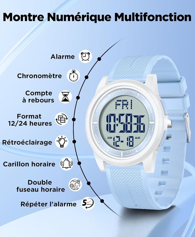 Detalle 2 de WIFORT Montre digitale étanche pour homme et femme, chronomètre, compte à rebours et alarme