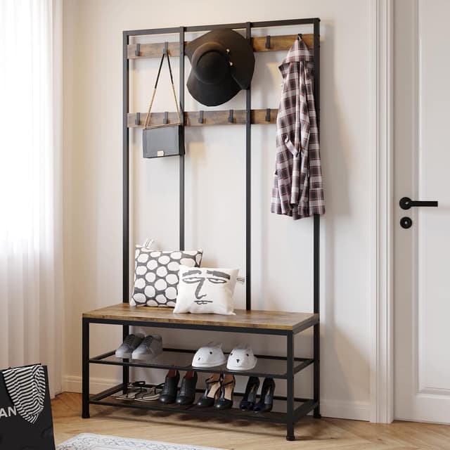 Detalle 2 de Dripex Appendiabiti da terra con panca e scarpiera 3 in 1, 12 ganci rimovibili, 100x40x182 cm